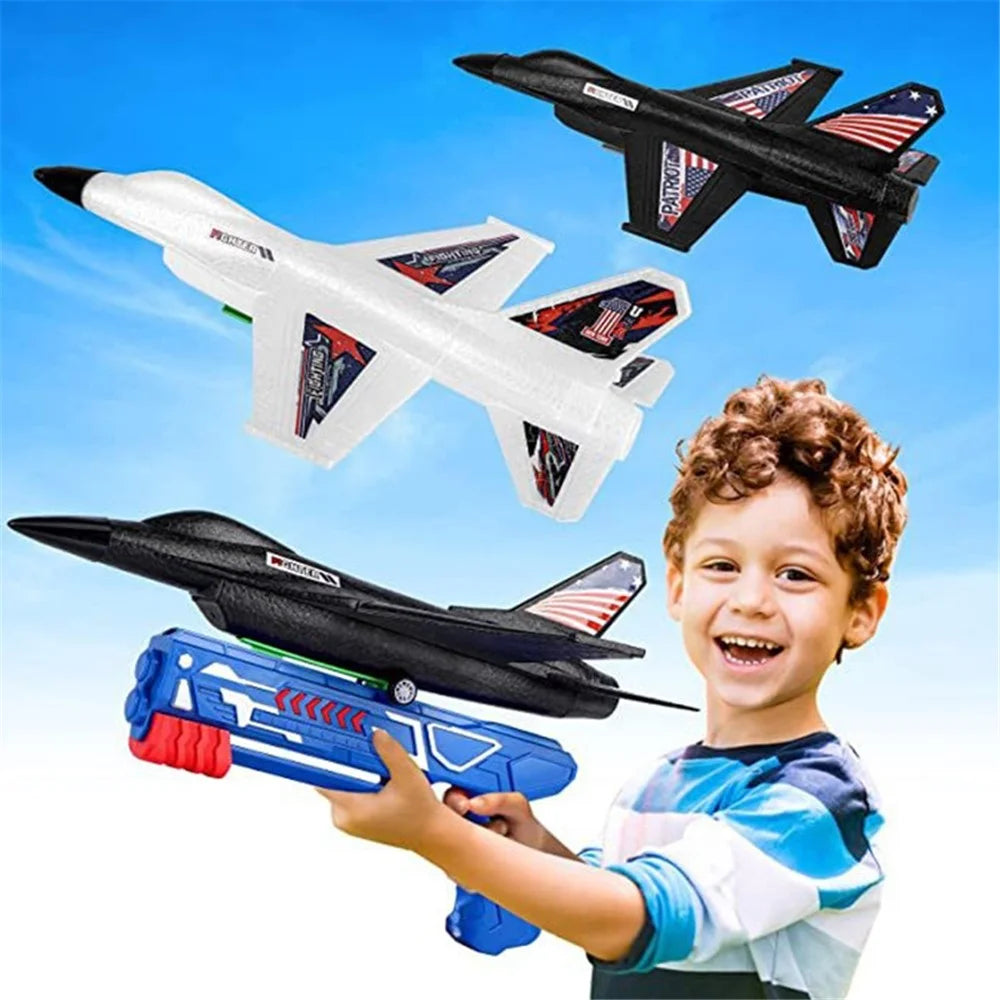 Flying Airplane Toy with Launcher, Throwing Foam Glider Catapult Plane Toys for Kids Boys Birthday Gift - White - 3