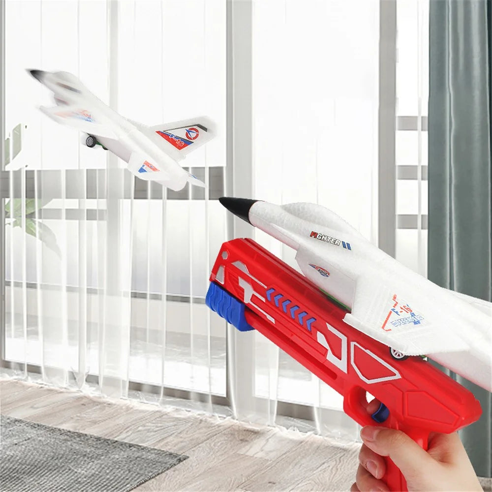Flying Airplane Toy with Launcher, Throwing Foam Glider Catapult Plane Toys for Kids Boys Birthday Gift - White - 4