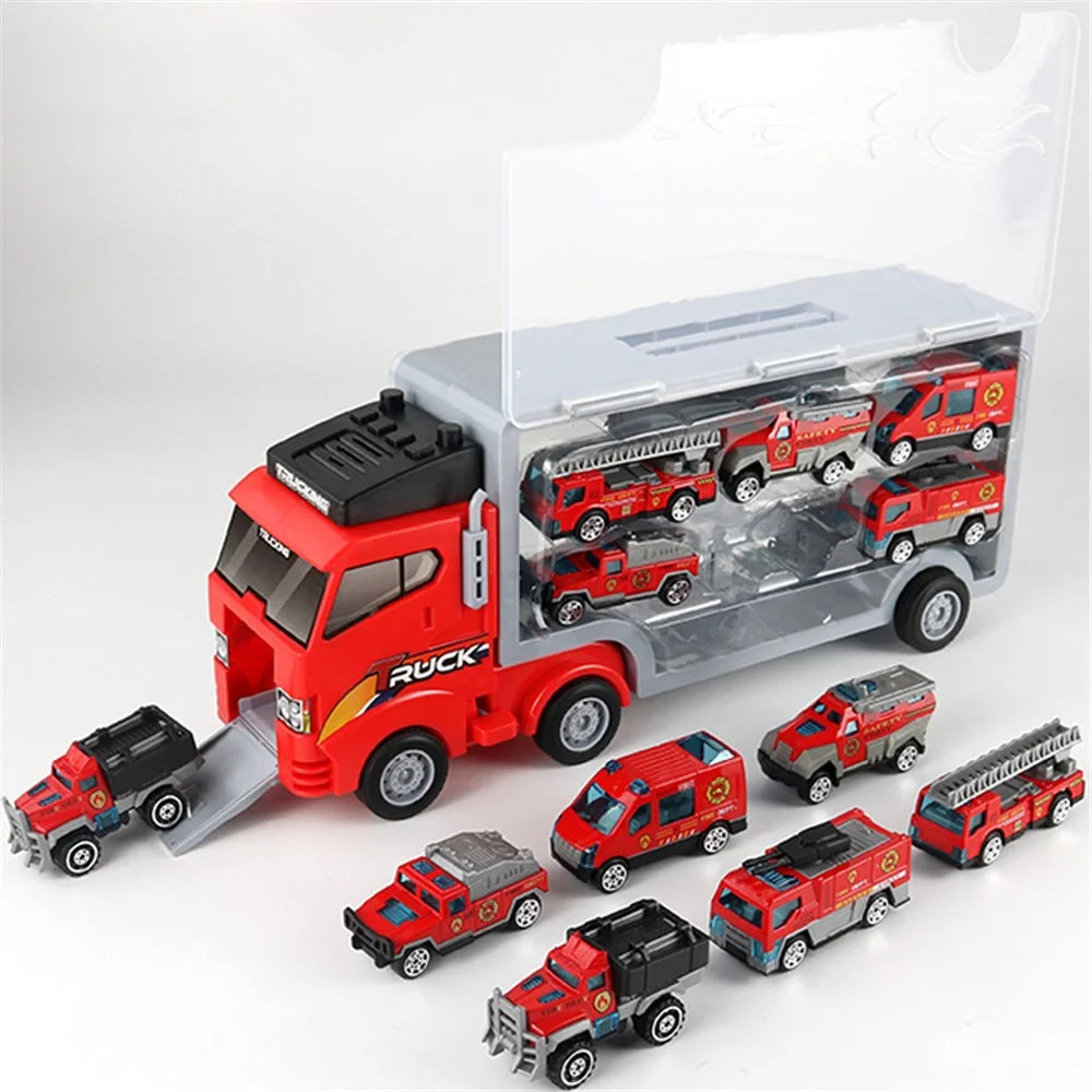 Sliding Track Cargo Truck with 6 Small Alloy Cars Kids Simulation Fire Truck Engineering Vehicle Children Toy - Fire Truck - 1