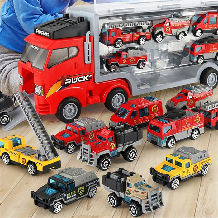 Sliding Track Cargo Truck with 6 Small Alloy Cars Kids Simulation Fire Truck Engineering Vehicle Children Toy - Fire Truck - 2