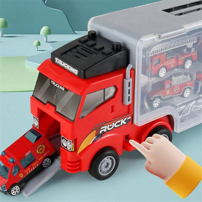 Sliding Track Cargo Truck with 6 Small Alloy Cars Kids Simulation Fire Truck Engineering Vehicle Children Toy - Fire Truck - 4