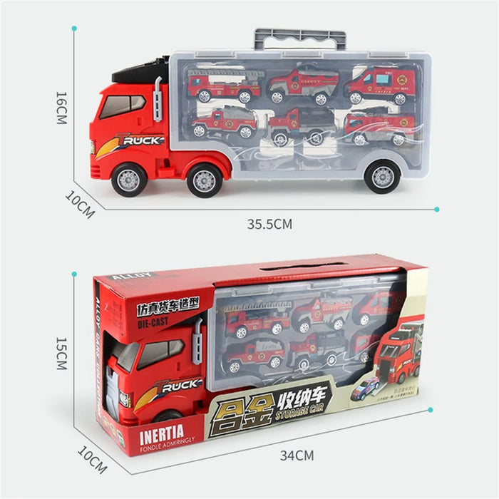 Sliding Track Cargo Truck with 6 Small Alloy Cars Kids Simulation Fire Truck Engineering Vehicle Children Toy - Fire Truck - 5