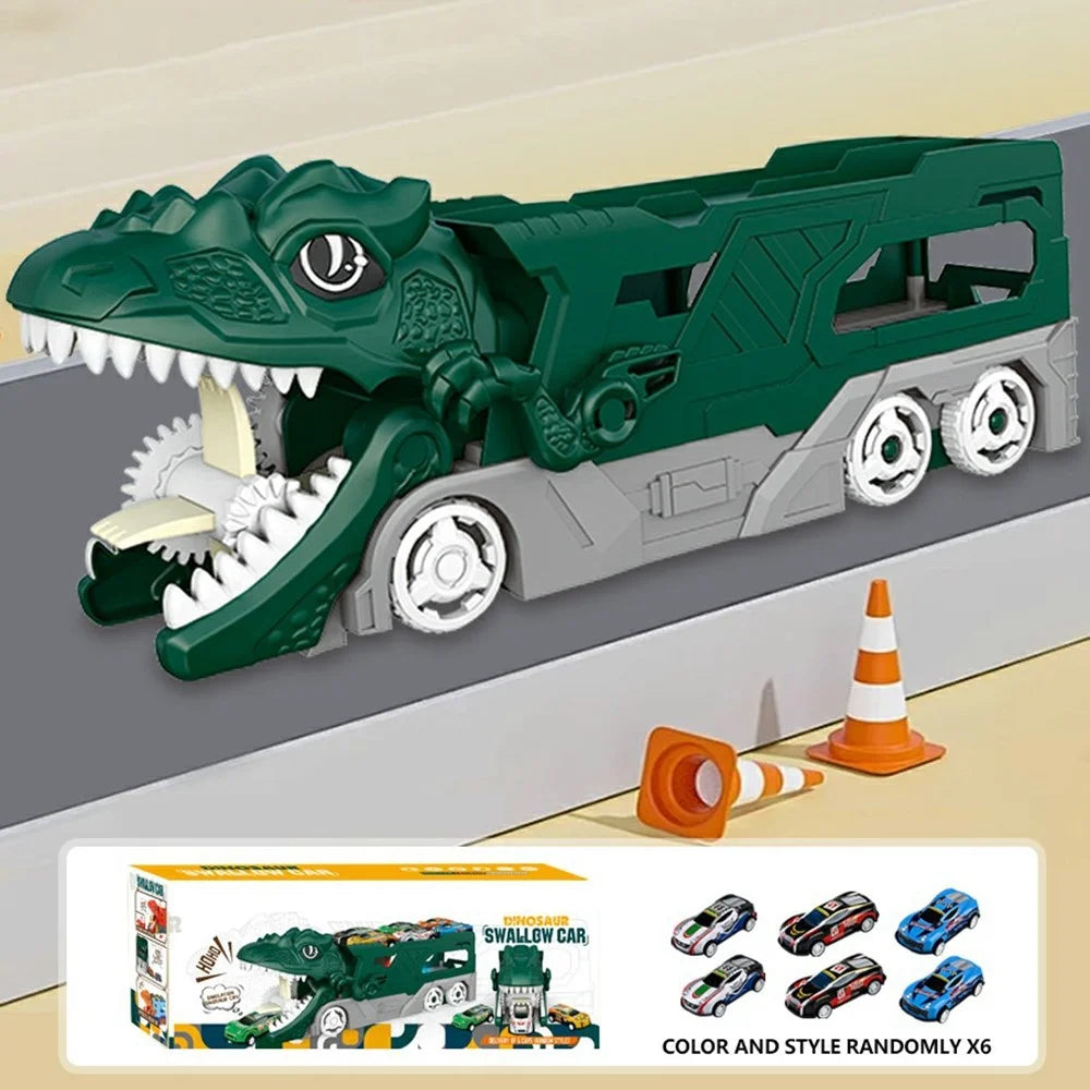 Y333-152 Dinosaur Transport Truck Toys Slide Game Kids Birthday Holiday Gift with 6 Race Cars - Green - 1