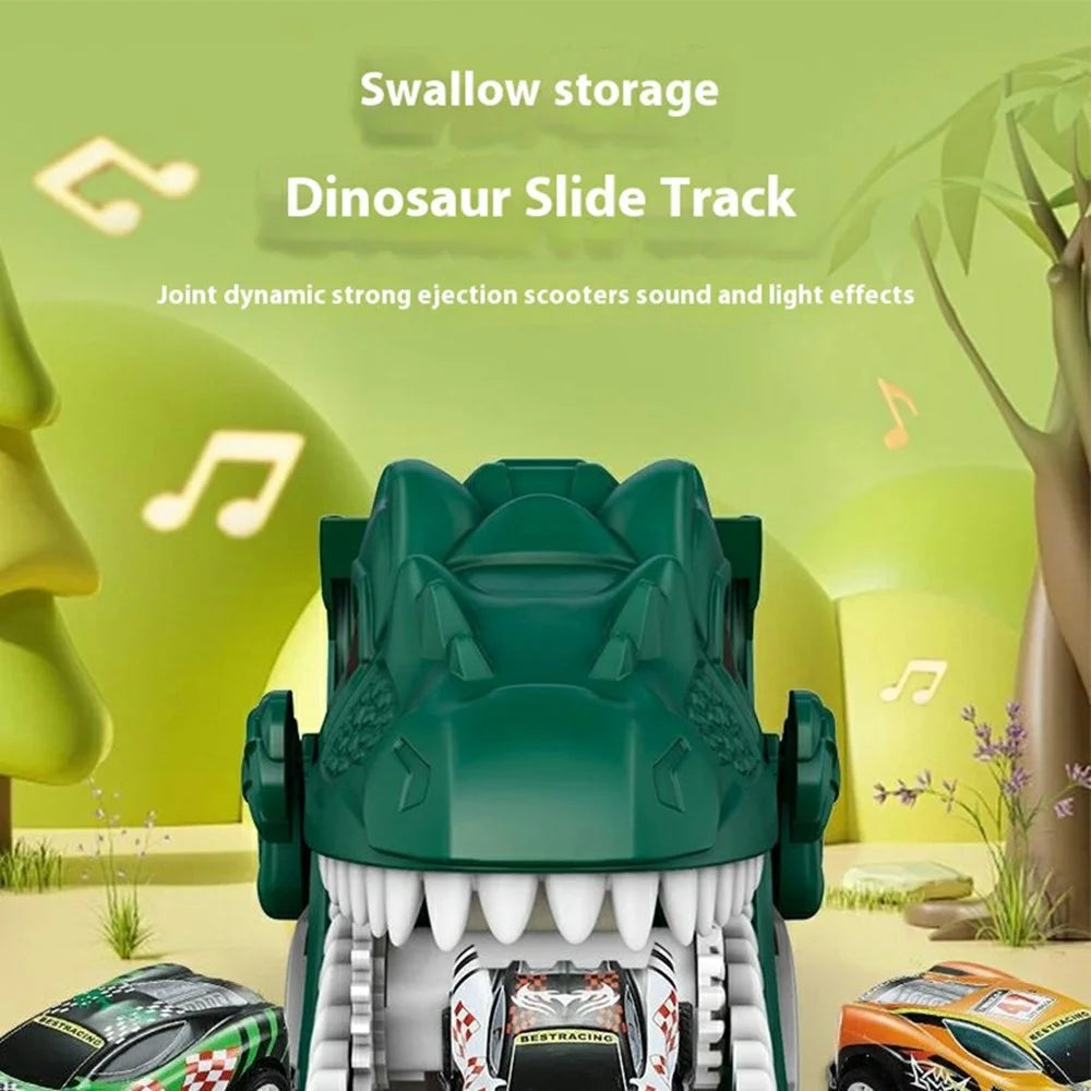 Y333-152 Dinosaur Transport Truck Toys Slide Game Kids Birthday Holiday Gift with 6 Race Cars - Green - 2