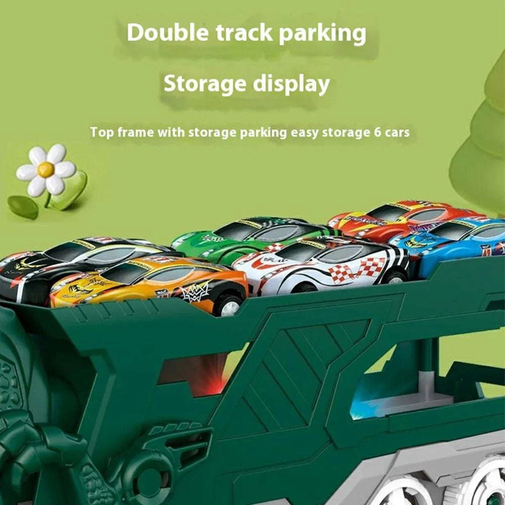 Y333-152 Dinosaur Transport Truck Toys Slide Game Kids Birthday Holiday Gift with 6 Race Cars - Green - 3