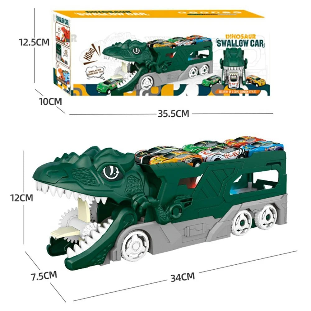 Y333-152 Dinosaur Transport Truck Toys Slide Game Kids Birthday Holiday Gift with 6 Race Cars - Green - 6