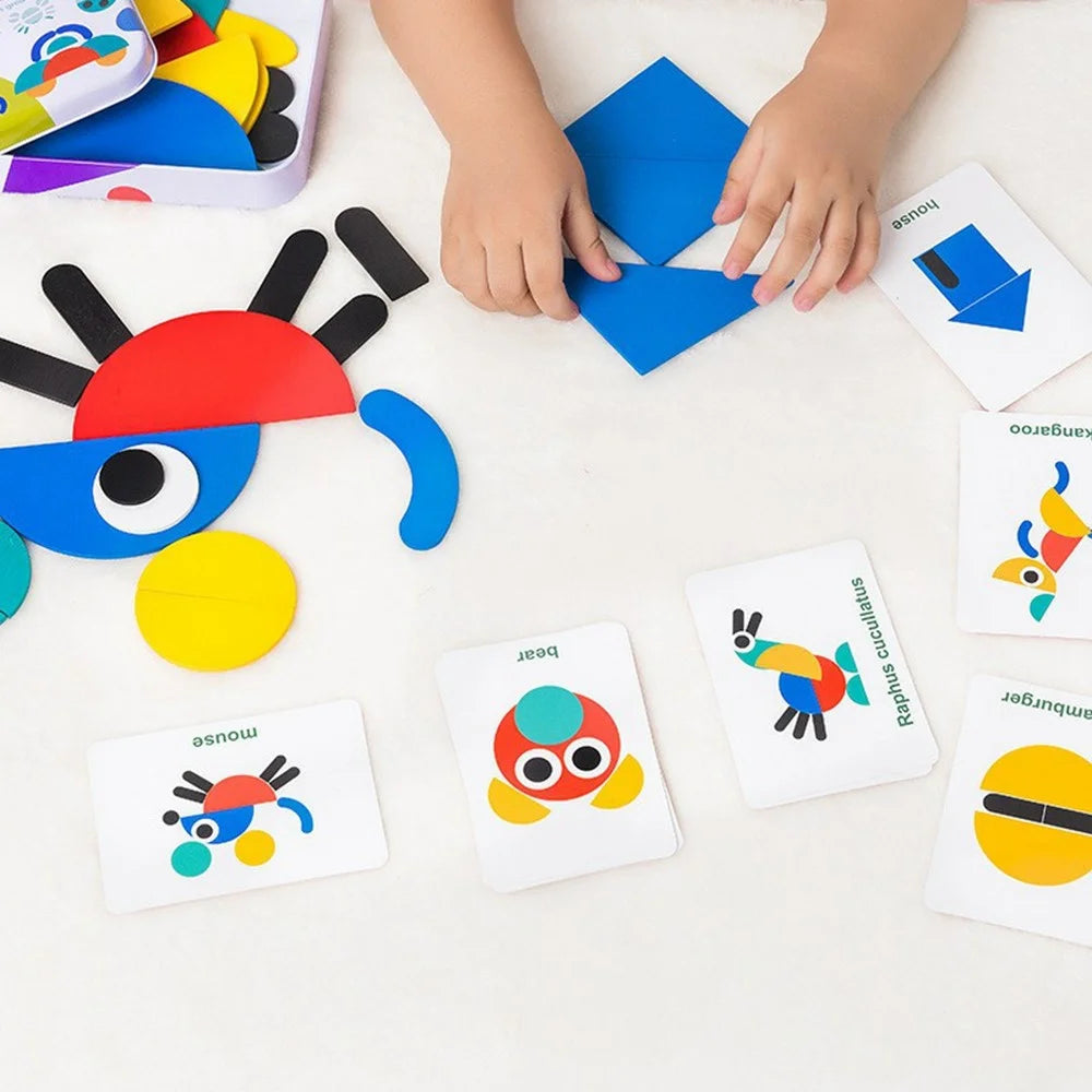 Wooden Geometric Shape Puzzle Board Tangram Jigsaw Educational Toy Gift for Toddlers - Type A Ostrich: 36 Puzzle Pieces & 50 Pattern Cards - 3