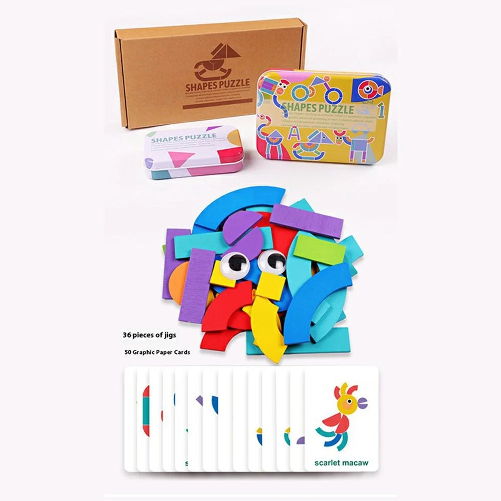 Wooden Geometric Shape Puzzle Board Tangram Jigsaw Educational Toy Gift for Toddlers - Type A Ostrich: 36 Puzzle Pieces & 50 Pattern Cards - 4