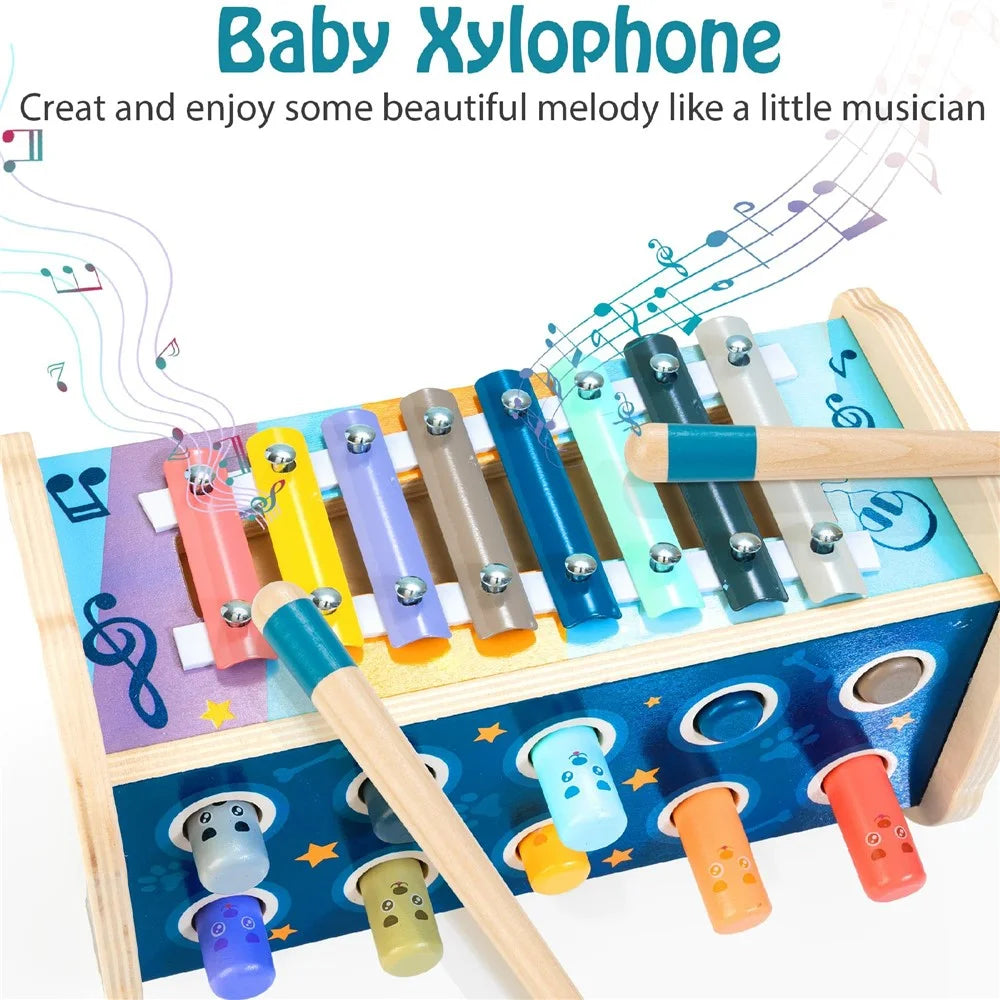 Whack A Mole Xylophone Toy Gift with Puzzle Wooden Educational Beating Game for Toddlers - 3