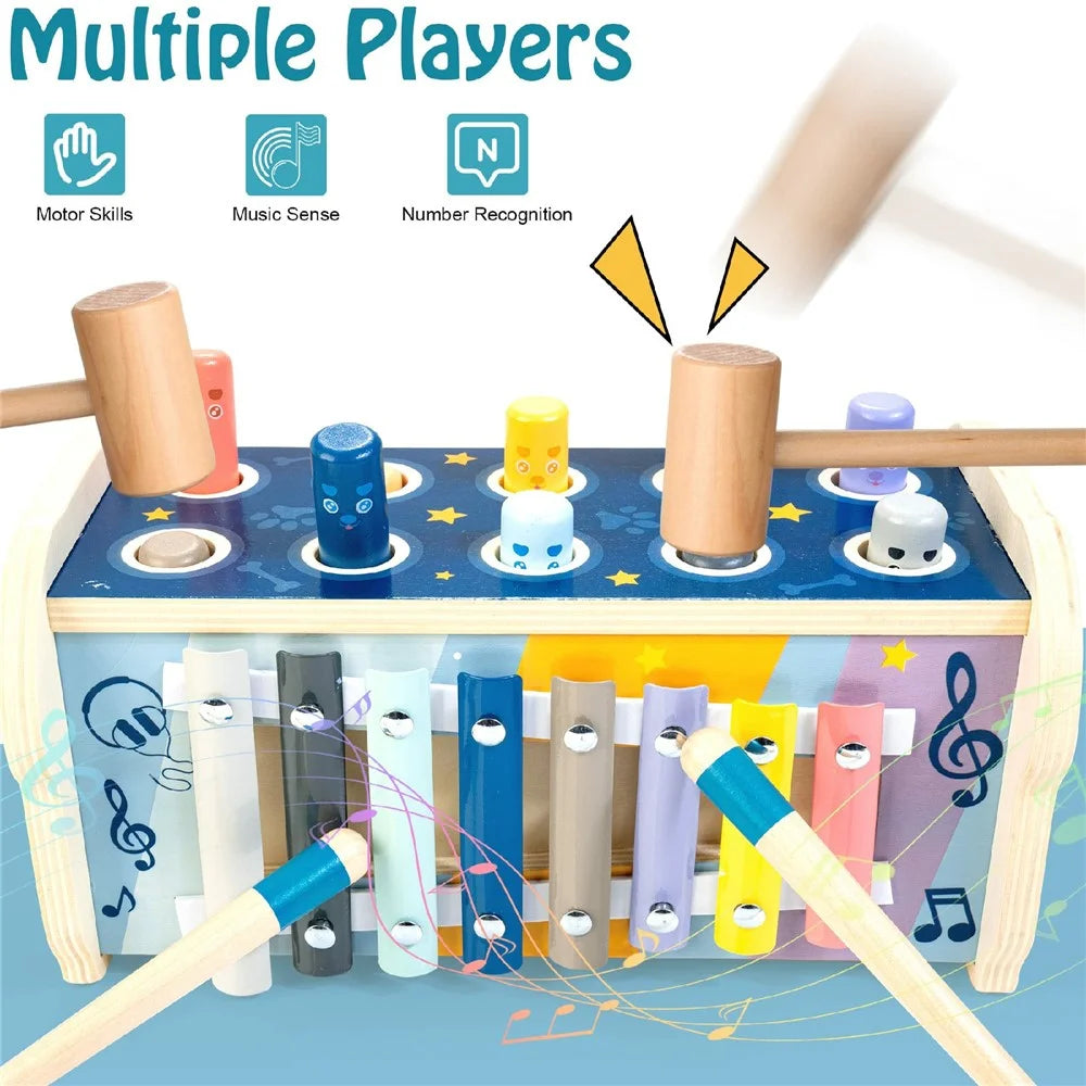 Whack A Mole Xylophone Toy Gift with Puzzle Wooden Educational Beating Game for Toddlers - 5