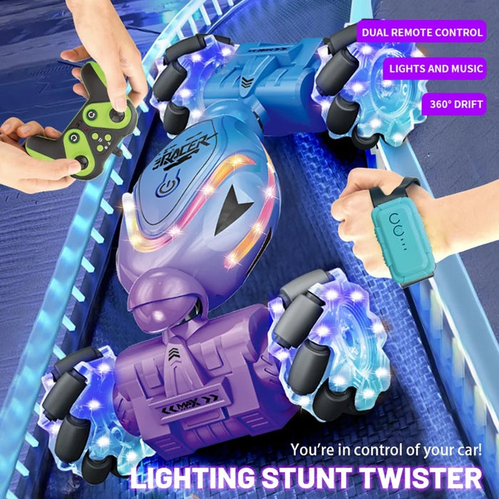 YT6637 RC Stunt Car Light-Up Twisting Vehicle Toy Dual Controlled Remote Control Car - Blue - 3