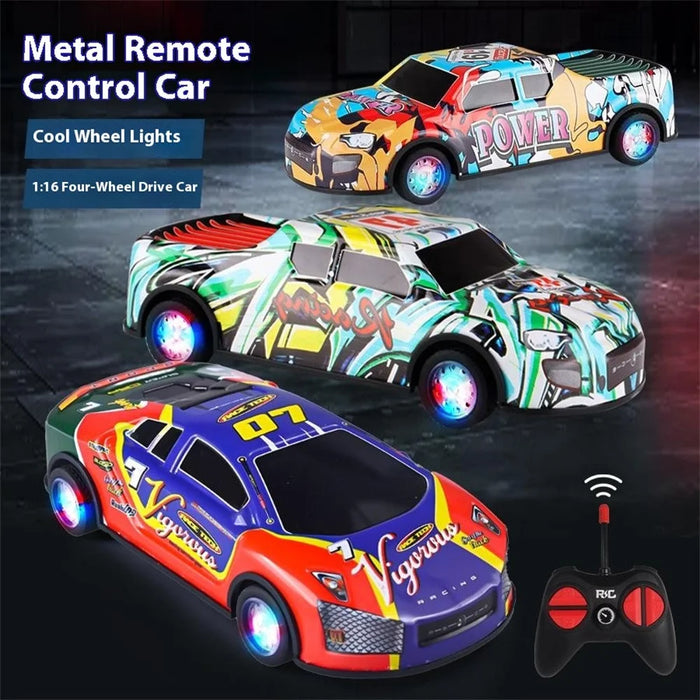 HDXX229 Electric RC Drift Race Car for Boys 4-Channel Graffiti Alloy Tin Light Vehicle Truck Remote Control Toy Car - Dark Blue Racing Car - 2
