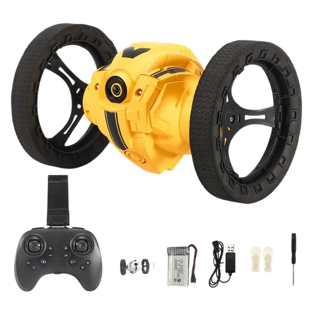 Stunt RC Car Remote Control 360 Degree Rotation Light Music Bounce Vehicle Toy with Camera - Yellow - 1