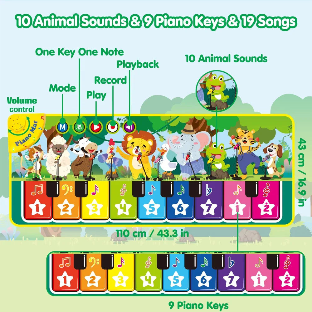 OUYI Floor Piano Mat Sensory Educational Dancing Keyboard Carpet Animal Sounds Playmat Musical Mats for 3-6 Years Kids - Jungle Style - 3