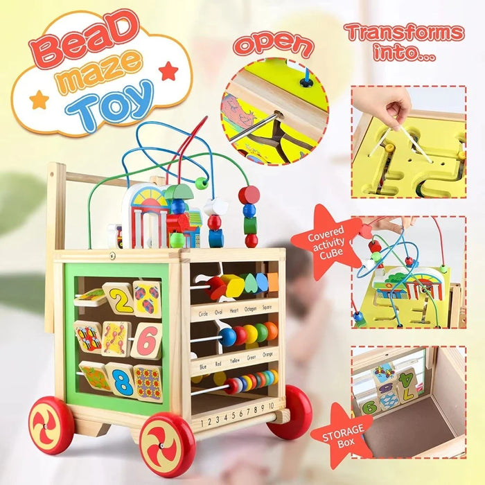 Educational Learning Four Sides Maze Bead Toy Gift for Toddlers Wooden Baby Push Walker - 4