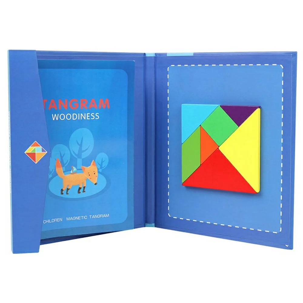 Oy-030 Children Educational Magnetic Tangram Puzzle Board 7 PCS Wooden Brain Teaser Learning Toy - Blue - 1