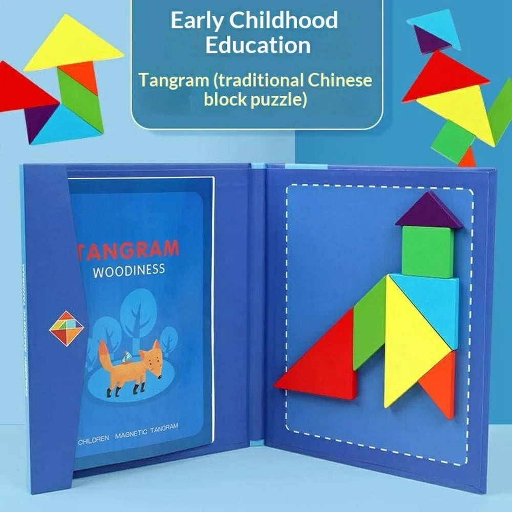 Oy-030 Children Educational Magnetic Tangram Puzzle Board 7 PCS Wooden Brain Teaser Learning Toy - Blue - 2