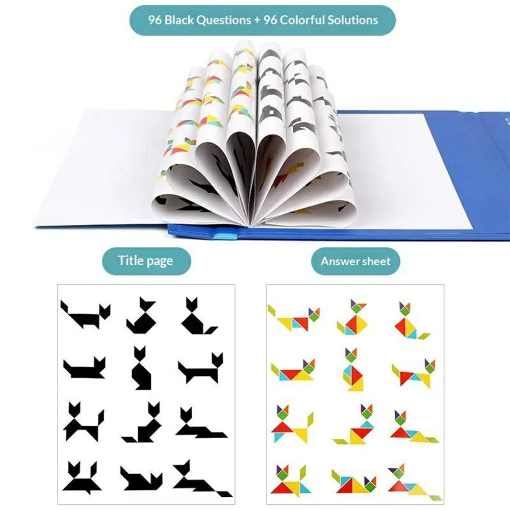 Oy-030 Children Educational Magnetic Tangram Puzzle Board 7 PCS Wooden Brain Teaser Learning Toy - Blue - 3