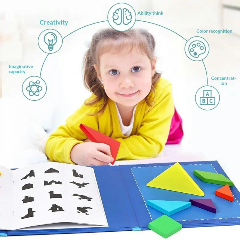 Oy-030 Children Educational Magnetic Tangram Puzzle Board 7 PCS Wooden Brain Teaser Learning Toy - Blue - 4