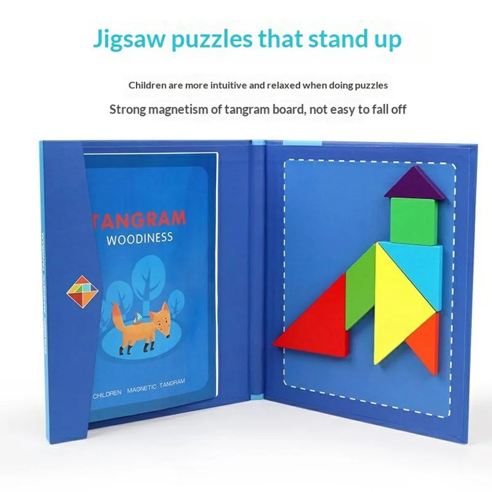 Oy-030 Children Educational Magnetic Tangram Puzzle Board 7 PCS Wooden Brain Teaser Learning Toy - Blue - 5