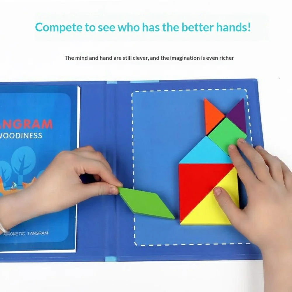 Oy-030 Children Educational Magnetic Tangram Puzzle Board 7 PCS Wooden Brain Teaser Learning Toy - Blue - 7