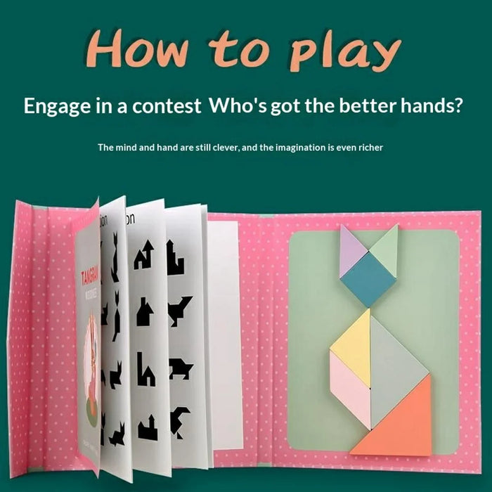 YF-010 Children Educational Magnetic Tangram Puzzle Board 7 PCS Wooden Brain Teaser Learning Toy - Pink - 2