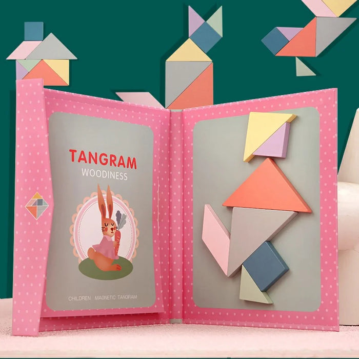 YF-010 Children Educational Magnetic Tangram Puzzle Board 7 PCS Wooden Brain Teaser Learning Toy - Pink - 5