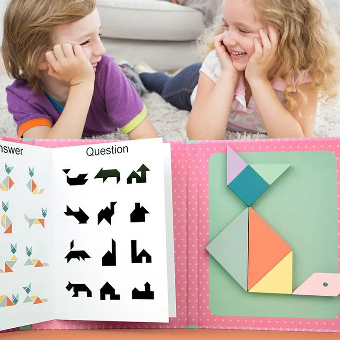 YF-010 Children Educational Magnetic Tangram Puzzle Board 7 PCS Wooden Brain Teaser Learning Toy - Pink - 6