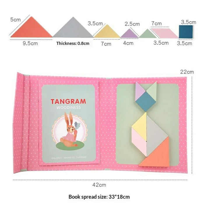 YF-010 Children Educational Magnetic Tangram Puzzle Board 7 PCS Wooden Brain Teaser Learning Toy - Pink - 7