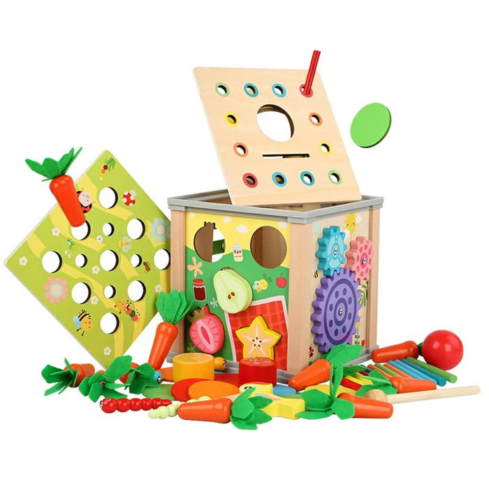 MWDH-021 9 in 1 Multifunctional Wooden Educational Toy for Kids Carrot Pulling Insect Catching Activity Cube - 1