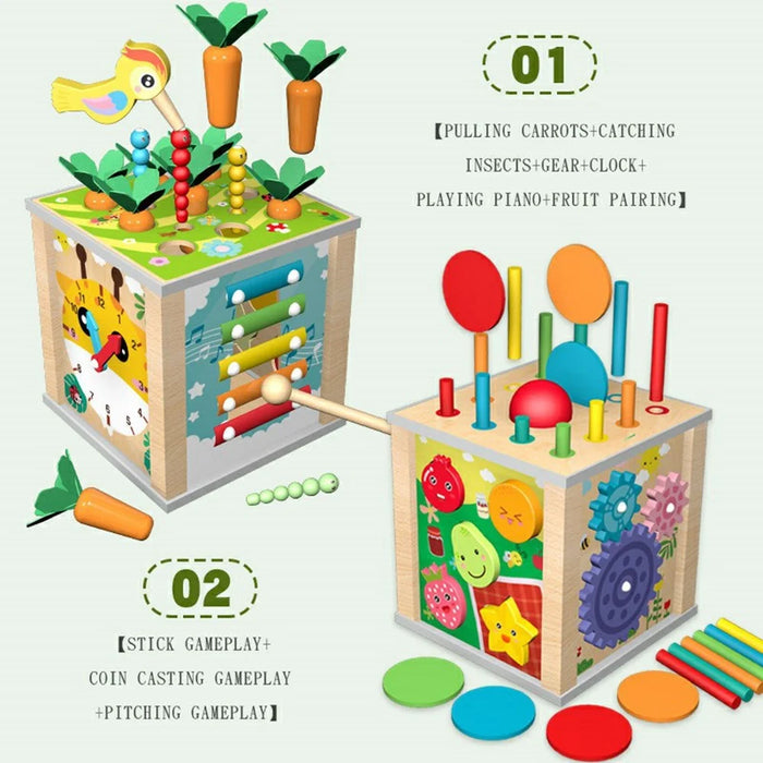MWDH-021 9 in 1 Multifunctional Wooden Educational Toy for Kids Carrot Pulling Insect Catching Activity Cube - 5