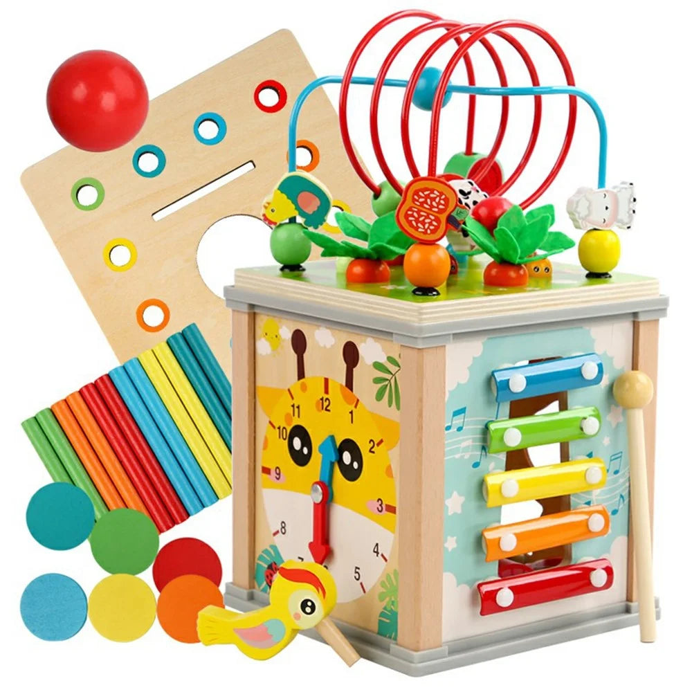 MWDH-021 10 in 1 Wooden Bead Maze Cube with Xylophone and Clock Preschool Toy for Kids - 1