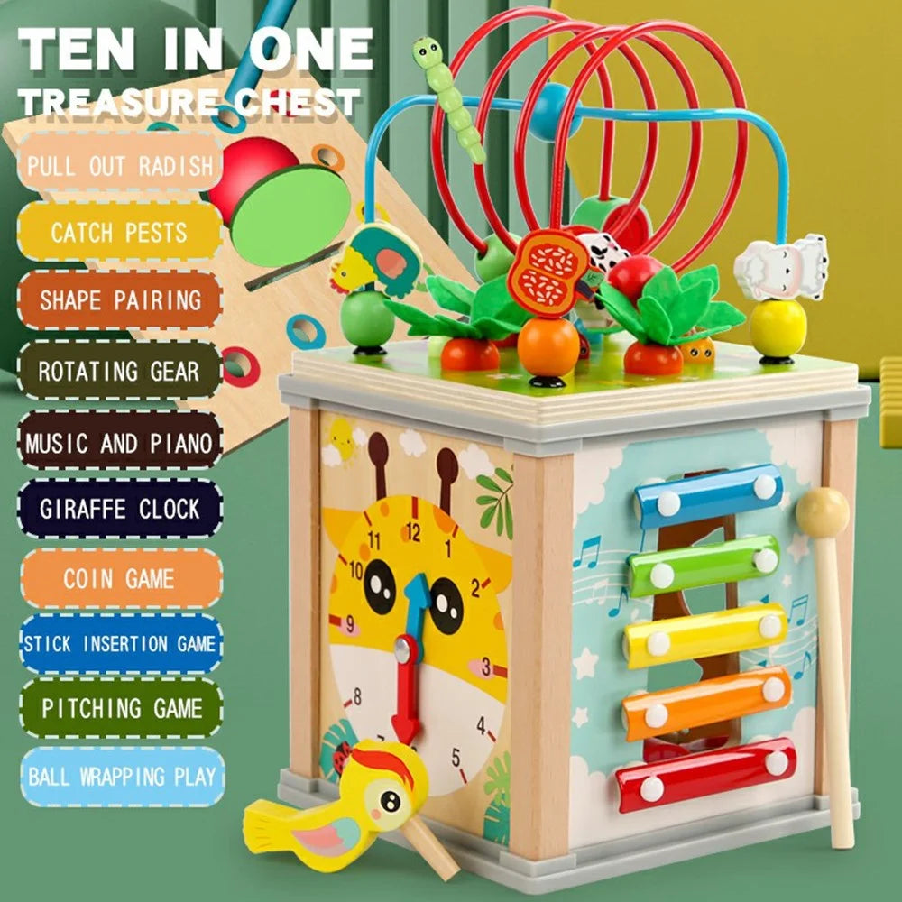 MWDH-021 10 in 1 Wooden Bead Maze Cube with Xylophone and Clock Preschool Toy for Kids - 3