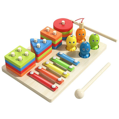 MWDH-034 3 in 1 Wooden Sorting Stacking Toy for Kids Fishing Game Xylophone Shape Color Matching Block Educational Toy - 1