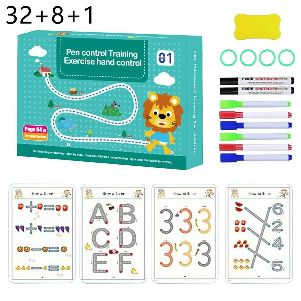 64 Pages Children Magic Practice Copybook with 8 Pens and Eraser Board Pen Control Training Kit for Kids - 1