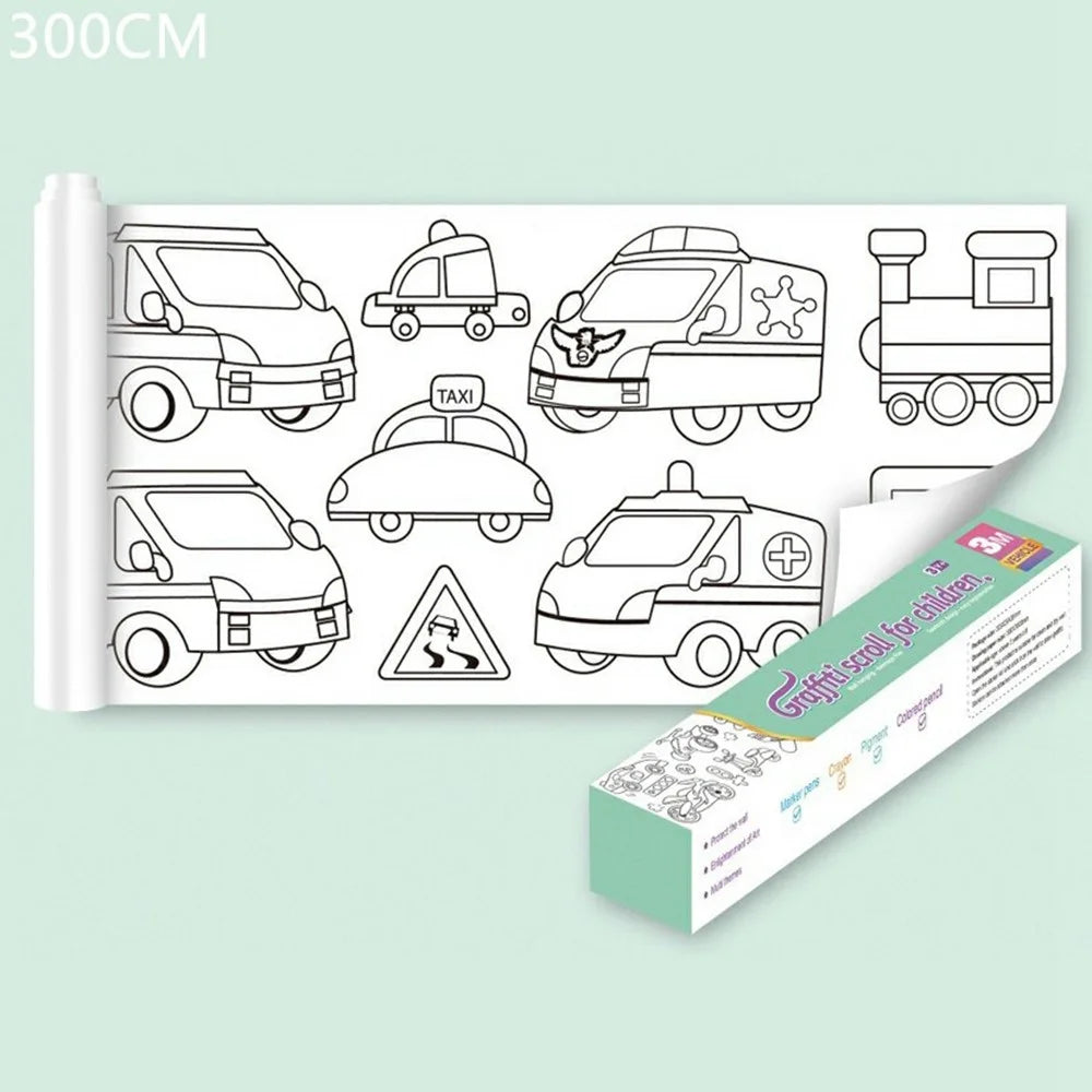 300cm Drawing Paper Roll for Kids Graffiti Scroll Waterproof Children Coloring Paper Art Supplies - Vehicles - 1