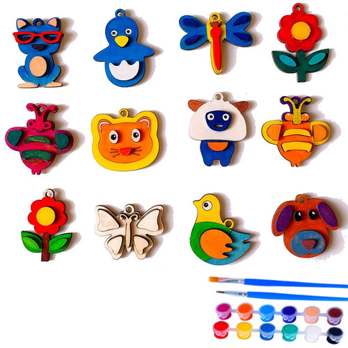 12Pcs DIY Animal Fridge Magnet Kit Refrigerator Magnetic Stickers Wooden Painting Set Kids Gift - Burlywood - 1