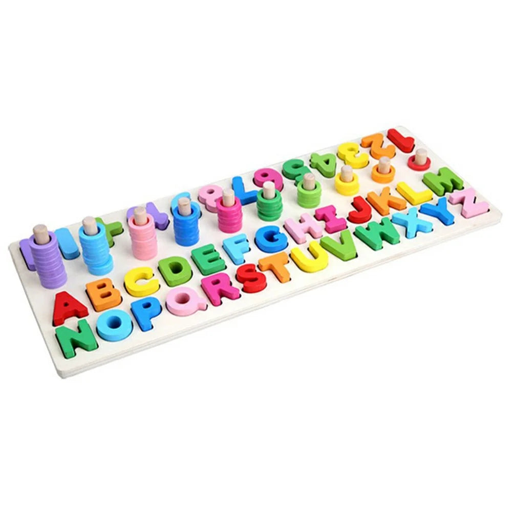 3 in 1 Wooden Alphabet Number Matching Puzzle Board with Rainbow Counting Rings Early Learning Toy - Multi-color - 1