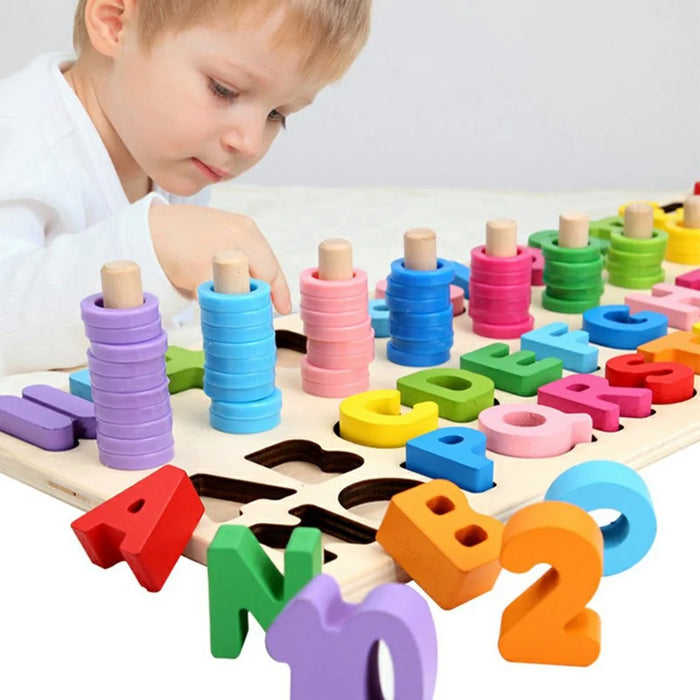 3 in 1 Wooden Alphabet Number Matching Puzzle Board with Rainbow Counting Rings Early Learning Toy - Multi-color - 2