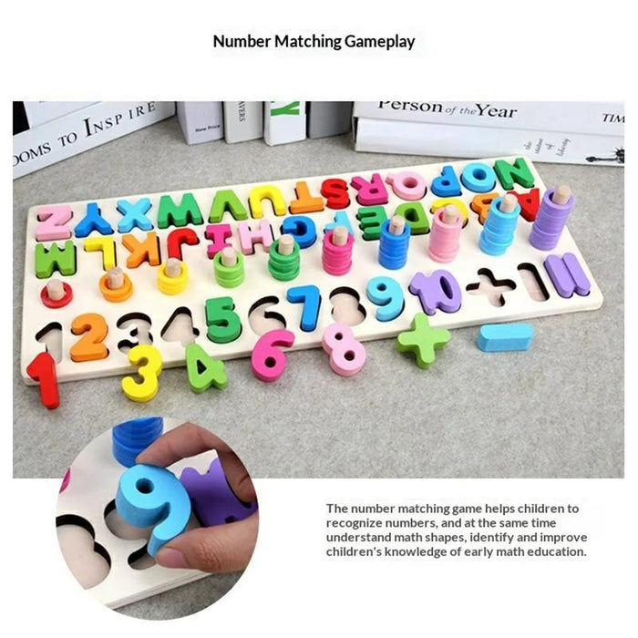 3 in 1 Wooden Alphabet Number Matching Puzzle Board with Rainbow Counting Rings Early Learning Toy - Multi-color - 3