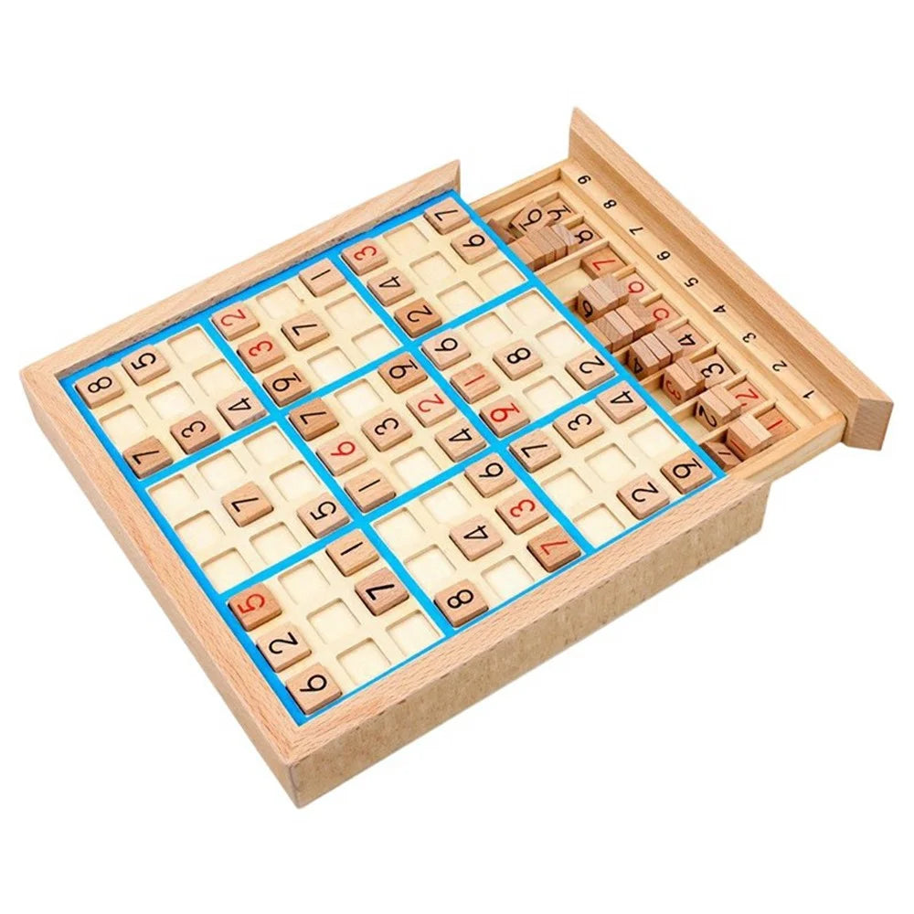 Nine Square Grid Wooden Sudoku Game Kids Digits Inference Logic Games Desktop Puzzle Toy with Storage Drawer - Blue - 1
