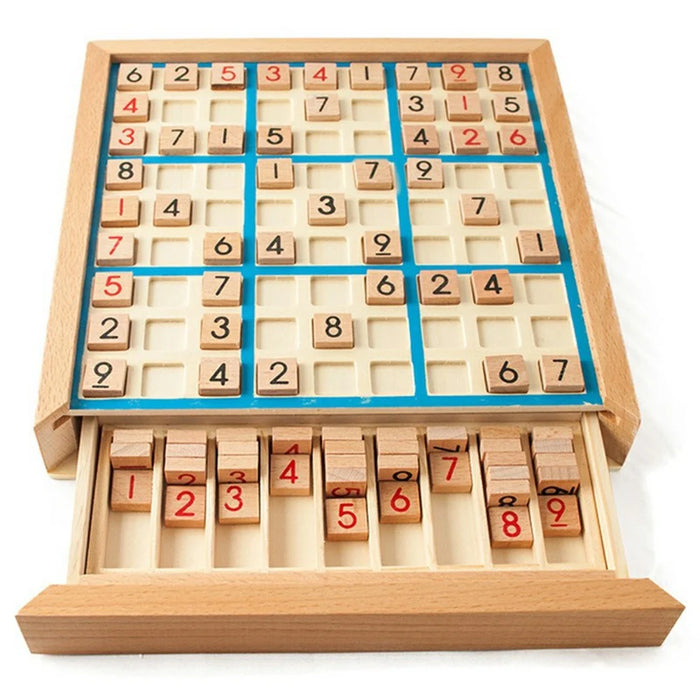 Nine Square Grid Wooden Sudoku Game Kids Digits Inference Logic Games Desktop Puzzle Toy with Storage Drawer - Blue - 3