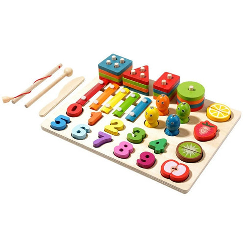 MWDH-2501 Wooden Educational Toy Set 5 In 1 Xylophone Number Puzzle Fruit Cutting Toy Gift for Kids - 1