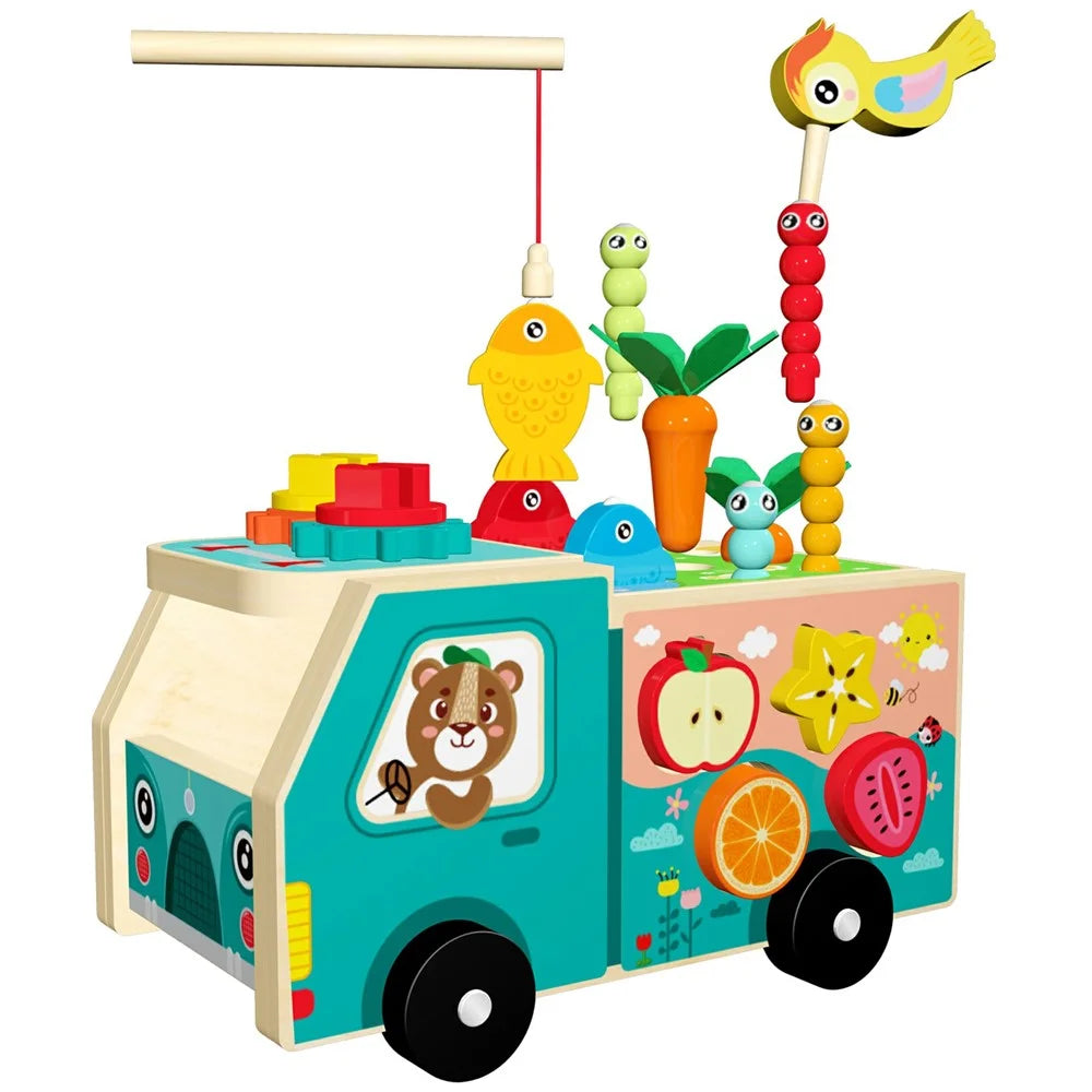 MWDH-2516 Multifunctional Wooden Farm Truck Shape Sorting Fishing Bead Maze Kids Early Educational Toy - Multi-color - 1