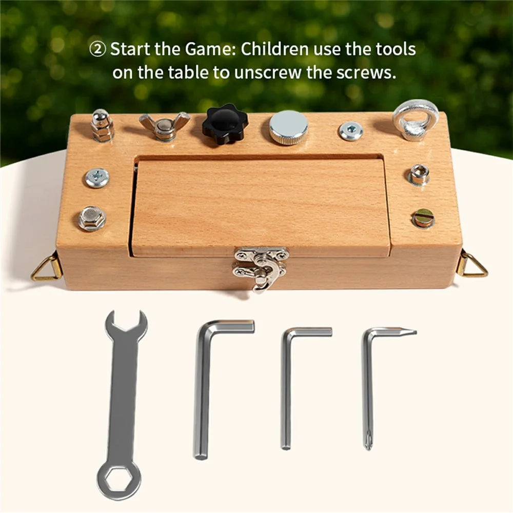 MWDH-2515 Screwdriver Board Toy Nut Key Wooden Box Educational Toy with Shoulder Strap - Burlywood - 3