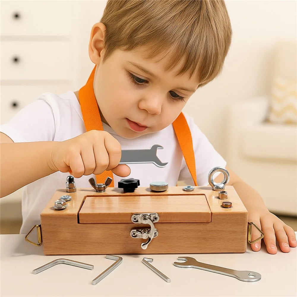 MWDH-2515 Screwdriver Board Toy Nut Key Wooden Box Educational Toy with Shoulder Strap - Burlywood - 7