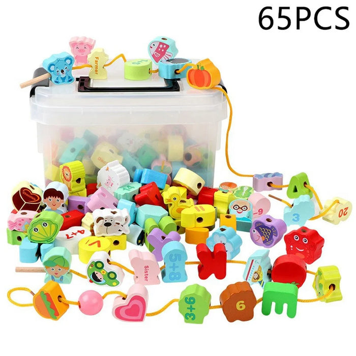 BWQ-027 65Pcs Wooden String Beads Toy Animal Fruit Vegetable Learning Threading Kids Educational Toy - Multi-color - 1