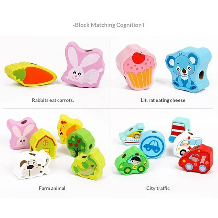 BWQ-027 65Pcs Wooden String Beads Toy Animal Fruit Vegetable Learning Threading Kids Educational Toy - Multi-color - 3