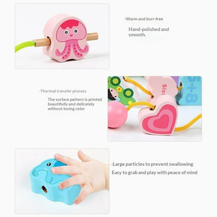BWQ-027 65Pcs Wooden String Beads Toy Animal Fruit Vegetable Learning Threading Kids Educational Toy - Multi-color - 7
