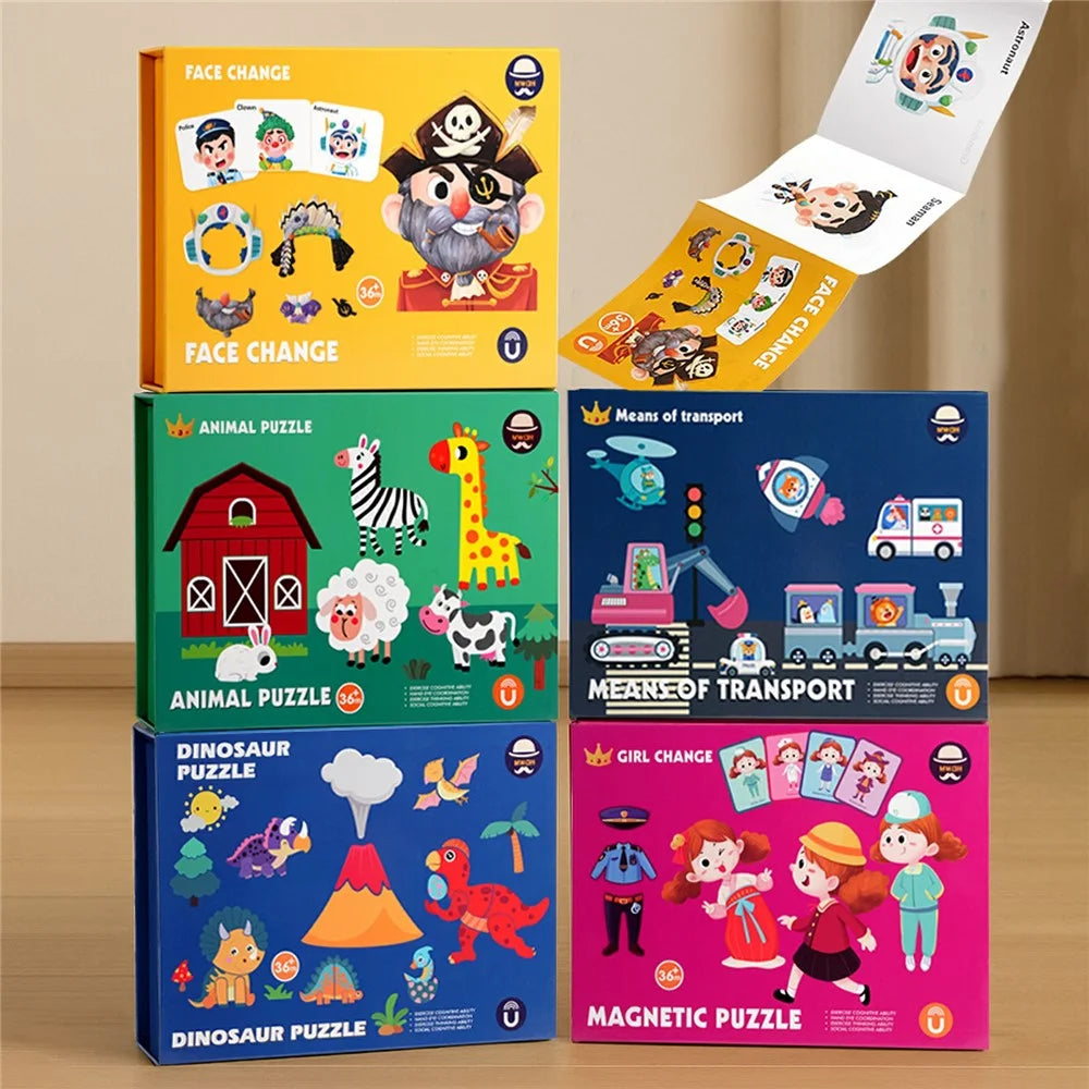 MWDH-2505 Magnetic Puzzles Stickers Character Transport Animal Dress Magnet Puzzles Kids Early Educational Toy - Face Change - 6